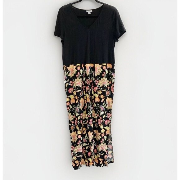 J. Jill Women Maxi Dress Size Medium Floral Black Side Slit Pockets Flowy - Picture 1 of 14